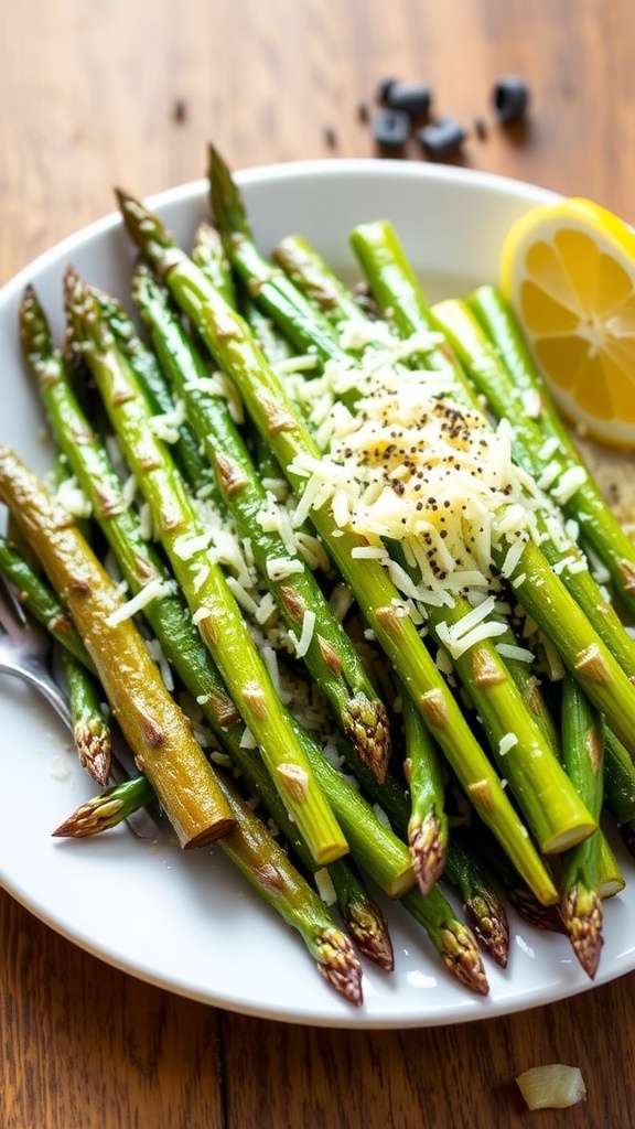 Oven-baked asparagus with Parmesan cheese on a plate, garnished with lemon.